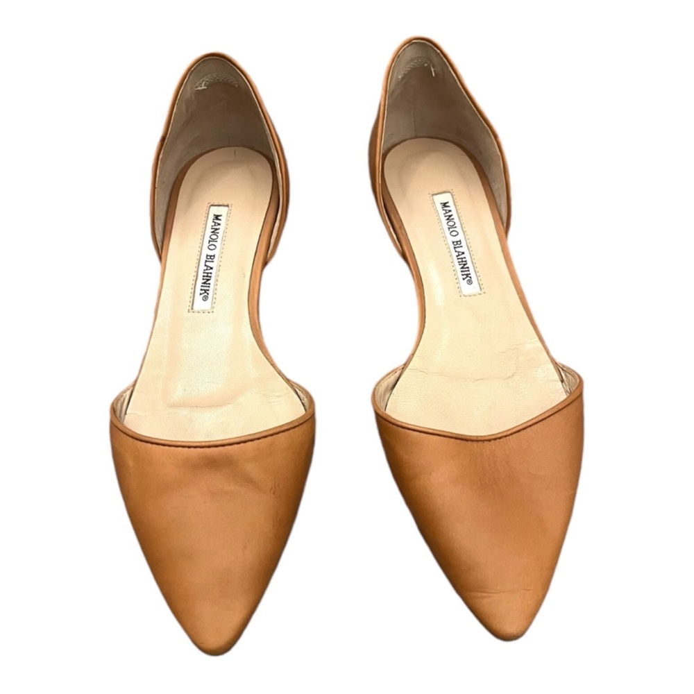 Manolo Blahnik Soussaba d'Orsay Leather Flat Shoes Italy Handmade Carmel 8.5